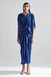 Echostudio_Blue Satin Solid Round Notched Iris Draped Dress _Online_at_Aza_Fashions