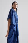 Buy_Echostudio_Blue Satin Solid Round Notched Iris Draped Dress _Online_at_Aza_Fashions