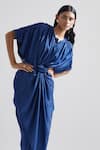 Shop_Echostudio_Blue Satin Solid Round Notched Iris Draped Dress _Online_at_Aza_Fashions