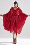 Buy_Echo By Tanya Arora_Red Hammered Satin Plain Solid V Neck Peony Draped Dress  _at_Aza_Fashions