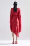 Shop_Echo By Tanya Arora_Red Hammered Satin Plain Solid V Neck Peony Draped Dress  _at_Aza_Fashions