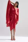 Buy_Echo By Tanya Arora_Red Hammered Satin Plain Solid V Neck Peony Draped Dress  _Online_at_Aza_Fashions