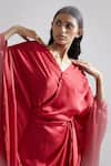 Shop_Echo By Tanya Arora_Red Hammered Satin Plain Solid V Neck Peony Draped Dress  _Online_at_Aza_Fashions