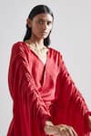 Echo By Tanya Arora_Red Hammered Satin Plain Solid V Neck Peony Draped Dress  _at_Aza_Fashions