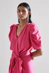 Echostudio_Pink Satin Solid V Neck Emani Lily Dress _at_Aza_Fashions