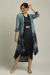 Buy_Soup by Sougat Paul_Blue Organza Printed Landscape V Neck Jacket And Draped Dress Set _at_Aza_Fashions