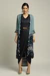 Buy_Soup by Sougat Paul_Blue Organza Printed Landscape V Neck Jacket And Draped Dress Set _Online_at_Aza_Fashions