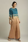 Soup By Sougat Paul_Blue Satin Linen Floral, Geometric, Orchid Bloom Printed Top And Palazzo Set _Online_at_Aza_Fashions