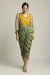 Buy_Soup By Sougat Paul_Yellow Muslin Crepe Geometric V Neck Print Dress With Belt _at_Aza_Fashions