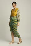 Buy_Soup By Sougat Paul_Yellow Muslin Crepe Geometric V Neck Print Dress With Belt _Online_at_Aza_Fashions