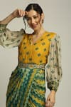 Shop_Soup By Sougat Paul_Yellow Muslin Crepe Geometric V Neck Print Dress With Belt _Online_at_Aza_Fashions
