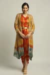 Soup by Sougat Paul_Multi Color Organza Printed Landscape V Neck Jacket And Draped Dress Set _Online_at_Aza_Fashions