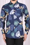 Shop Aryavir Malhotra Blue Cotton Monstera Print Shirt Online at Aza Fashions Shop_Aryavir Malhotra_Blue Cotton Monstera Print Shirt_Online_at_Aza_Fashions