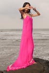 TheRealB_Pink 100% Viscose Solid Scoop Neck Asymmetric Ruffle Hem Gown _Online_at_Aza_Fashions