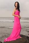 Buy_TheRealB_Pink 100% Viscose Solid Scoop Neck Asymmetric Ruffle Hem Gown _Online_at_Aza_Fashions