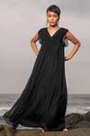 Buy_Therealb_Black 100% Chiffon V Neck Pleated Gown_at_Aza_Fashions