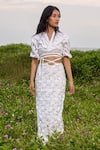 Buy_TheRealB_White 100% Cotton Embroidered Floral Motifs V Neck Skirt Set _at_Aza_Fashions