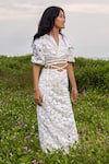 TheRealB_White 100% Cotton Embroidered Floral Motifs V Neck Skirt Set _Online_at_Aza_Fashions