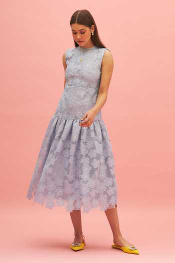 Therealb_Blue 100% Polyester Floral Motifs Round Desert Bluebell Gathered Dress _Online_at_Aza_Fashions