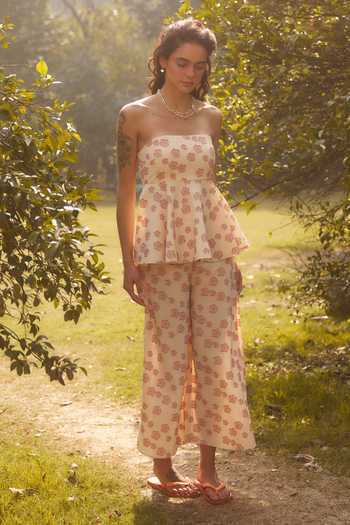 Buy_Therealb_Yellow 100% Polyester Floral Motifs Straight Cherry Blossom Tube Top And Pant Set _at_Aza_Fashions