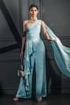 Shop_Nayna Kapoor_Blue Satin Silk Hand Embroidered Bead Work Sweetheart Neck Draped Jumpsuit _at_Aza_Fashions