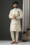 Buy_Minaki_Beige Stretch Poly Silk Floral Embroidered Bundi And Kurta Set _at_Aza_Fashions