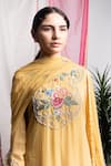 Shop_Radha Sharma_Yellow Georgette Embroidered Glass Beads Boat Neck Pearl Kurta Set  _at_Aza_Fashions