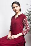 Shop_Radha Sharma_Maroon Georgette Embroidered Pearl Mandarin Collar Kurta And Palazzo Set  _at_Aza_Fashions