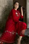 Buy_Radha Sharma_Red Georgette Embroidered Pearl Mandarin Collar Floral Kurta Pant Set  _at_Aza_Fashions