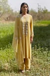 Buy_Radha Sharma_Yellow Georgette Embroidered Floral Motifs Leaf Neck Kurta Pant Set  _at_Aza_Fashions