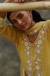 Buy_Radha Sharma_Yellow Georgette Embroidered Floral Motifs Leaf Neck Kurta Pant Set  _Online_at_Aza_Fashions
