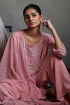 Shop_Radha Sharma_Pink Georgette Embroidered Floral Motifs Round Tonal Kurta Pant Set  _at_Aza_Fashions