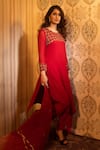 Buy_Radha Sharma_Red Georgette Embroidered Glass Beads Round Sequin Kurta Palazzo Set  _at_Aza_Fashions