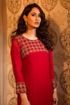 Shop_Radha Sharma_Red Georgette Embroidered Glass Beads Round Sequin Kurta Palazzo Set  _at_Aza_Fashions