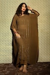 Buy_RADHA SHARMA_Brown Georgette Embroidered Glass Beads Round Hand Kaftan Palazzo Set  _at_Aza_Fashions