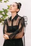 Shop_Kranberra_Black Organza Polka Dots Band Collar Opera Night Blouse _Online_at_Aza_Fashions