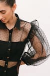 Kranberra_Black Organza Polka Dots Band Collar Opera Night Blouse _at_Aza_Fashions