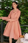 Buy_Kranberra_Peach Linen Plain Silver Lining Lapel Collar Dress _at_Aza_Fashions