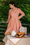 Buy_Kranberra_Peach Linen Plain Silver Lining Lapel Collar Dress _Online_at_Aza_Fashions