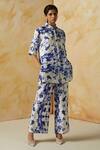 Buy_Kanelle_Blue Linen Satin Printed Abstract Straight Collar Evelyn Pant Set_at_Aza_Fashions