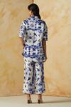 Shop_Kanelle_Blue Linen Satin Printed Abstract Straight Collar Evelyn Pant Set_at_Aza_Fashions