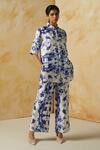 Kanelle_Blue Linen Satin Printed Abstract Straight Collar Evelyn Pant Set_Online_at_Aza_Fashions
