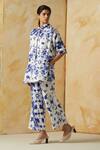 Shop_Kanelle_Blue Linen Satin Printed Abstract Straight Collar Evelyn Pant Set_Online_at_Aza_Fashions