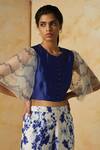 Buy_Kanelle_Blue Chanderi Silk Embroidered Thread Work Round Sara Flared Sleeve Crop Top _at_Aza_Fashions