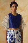 Kanelle_Blue Chanderi Silk Embroidered Thread Work Round Sara Flared Sleeve Crop Top _Online_at_Aza_Fashions