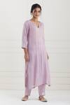 Tashee_Pink Cotton Stripes Notched Lurex Kurta Pant Set _Online_at_Aza_Fashions