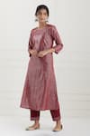 Buy_Tashee_Red Cotton Stripes Round Lurex Kurta Pant Set _Online_at_Aza_Fashions