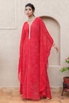 Buy_Inara Jaipur_Red Georgette Embroidered Leheriya Print V Neck Kaftan_at_Aza_Fashions