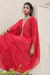Inara Jaipur_Red Georgette Embroidered Leheriya Print V Neck Kaftan_Online_at_Aza_Fashions
