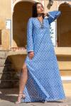 Buy Inara Jaipur Blue Cotton Printed Block Round Notched Hand Kaftan at Aza Fashions Buy_Inara Jaipur_Blue Cotton Printed Block Round Notched Hand Kaftan_at_Aza_Fashions
